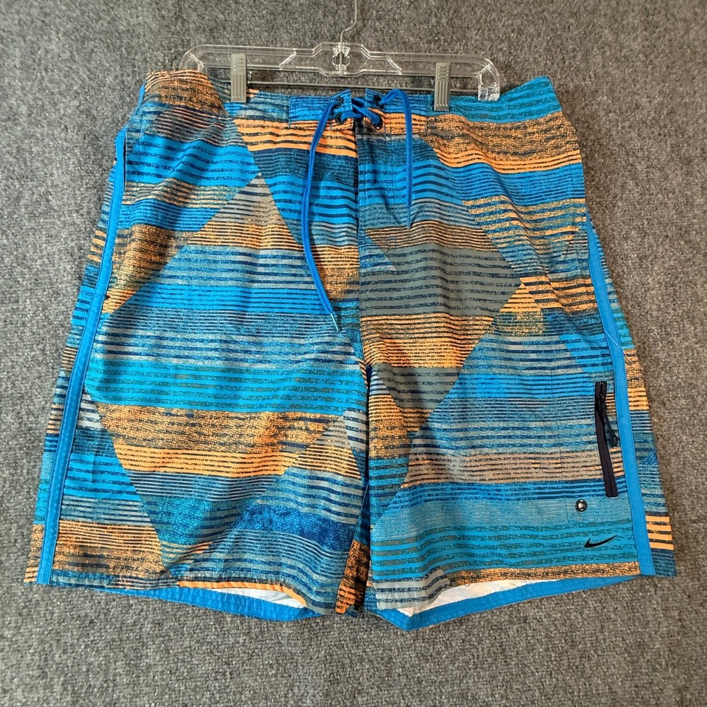 Nike Swim Trunks XL‎ Geometric Stripes Blue Orange Drawstring Mesh Lined